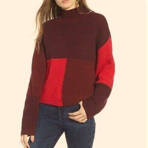 BP Sweater Small Colorblock Mock Neck Pink Burgundy Long Sleeve Pullover Women's